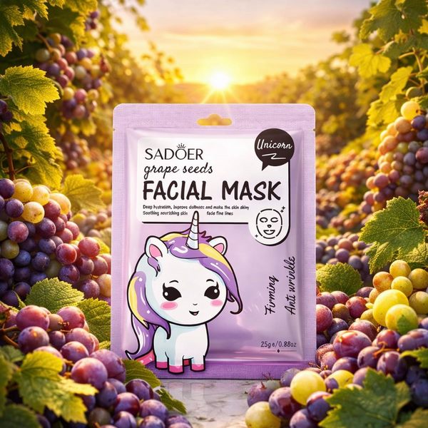 ماسک ورقه‌ای آبرسان و روشن‌کننده انگور طرح تک شاخ سادور SADOER 25g